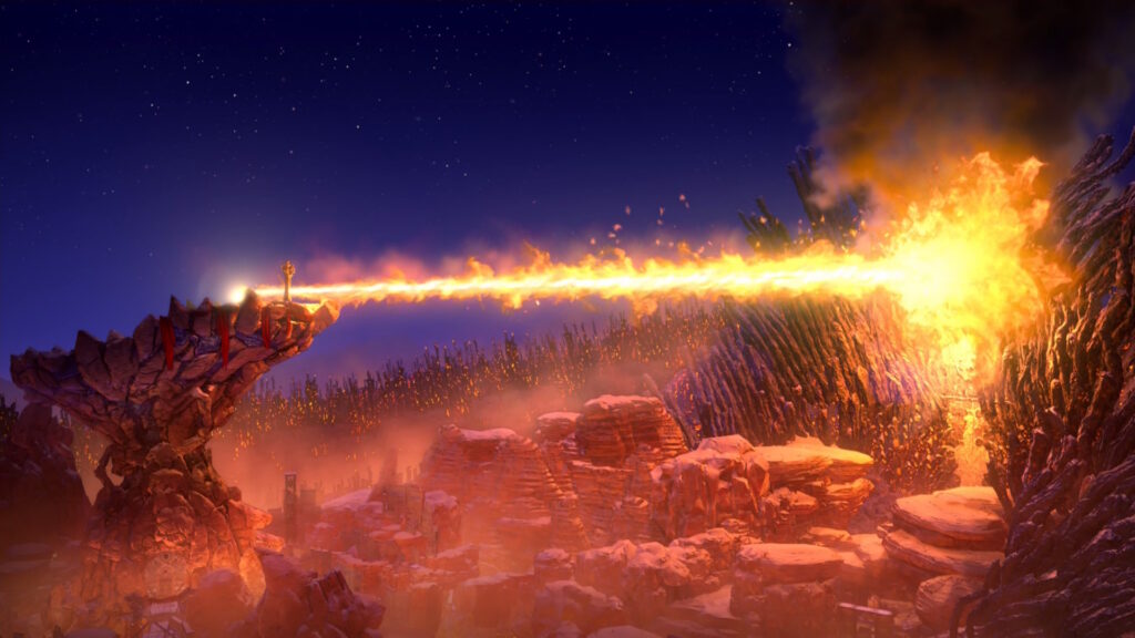 Screenshot aus dem Game Tales of Arise. Wir sehen hier eine Szene aus dem Spiel nach dem ersten Bosskampf, wie ein Feuerstrahl gegen ein Tor schießt und dieses nach und nach zerstört.