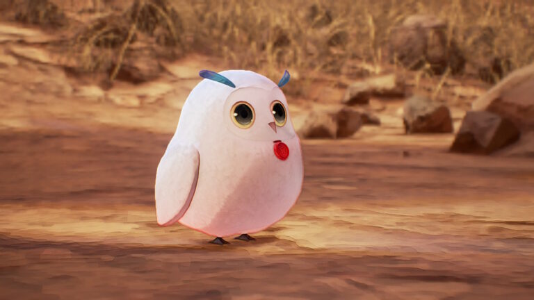 Screenshot aus dem Game: Tales of Arise. Zu sehen ist eine weiße Eule, die in Mitten einer trostlosen Gegend steht und zur rechten Seite des Bildes schaut.