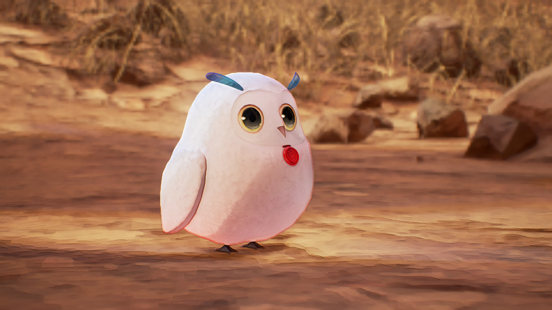 Screenshot aus dem Game: Tales of Arise. Zu sehen ist eine weiße Eule, die in Mitten einer trostlosen Gegend steht und zur rechten Seite des Bildes schaut.